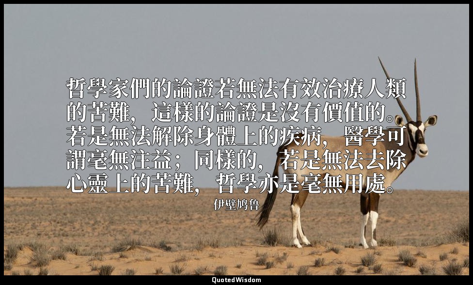 哲學家們的論證若無法有效治療人類的苦難，這樣的論證是沒有價值的。若是無法解除身體上的疾病，醫學可謂毫無注益；同樣的，若是無法去除心靈上的苦難，哲學亦是毫無用處。 — 伊壁鸠鲁