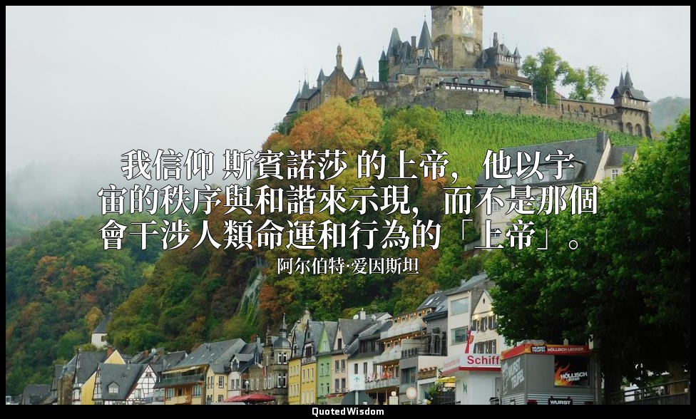 我信仰 斯賓諾莎 的上帝，他以宇宙的秩序與和諧來示現，而不是那個會干涉人類命運和行為的「上帝」。 — 阿尔伯特·爱因斯坦