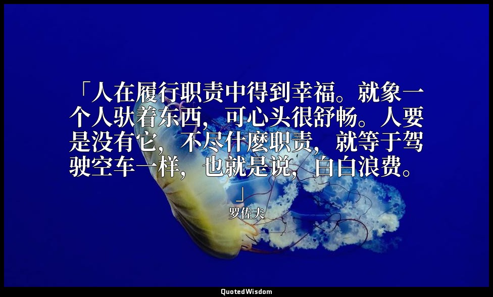 「人在履行职责中得到幸福。就象一个人驮着东西，可心头很舒畅。人要是没有它，不尽什麽职责，就等于驾驶空车一样，也就是说，白白浪费。」 — 罗佐夫