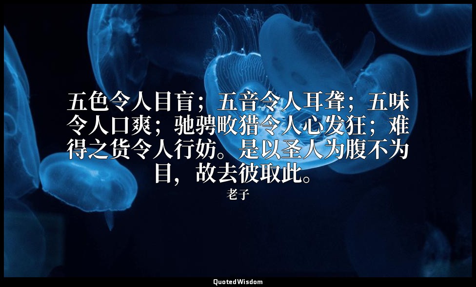 五色令人目盲；五音令人耳聋；五味令人口爽；驰骋畋猎令人心发狂；难得之货令人行妨。是以圣人为腹不为目，故去彼取此。 — 老子