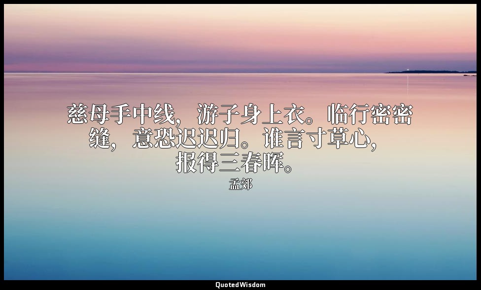 慈母手中线，游子身上衣。临行密密缝，意恐迟迟归。谁言寸草心，报得三春晖。 — 孟郊