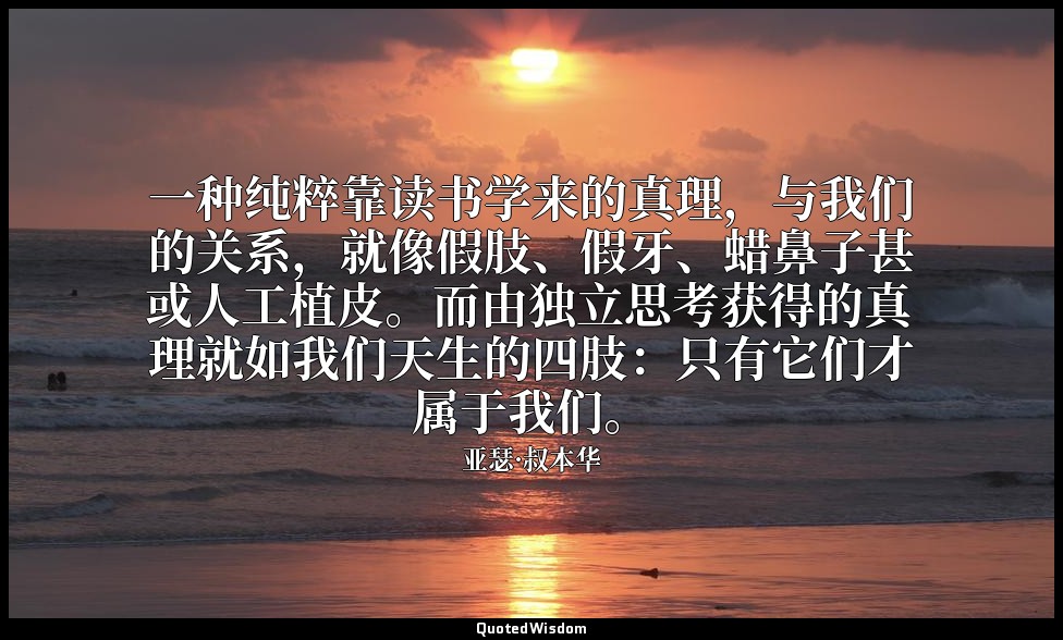 一种纯粹靠读书学来的真理，与我们的关系，就像假肢、假牙、蜡鼻子甚或人工植皮。而由独立思考获得的真理就如我们天生的四肢：只有它们才属于我们。 — 亚瑟·叔本华