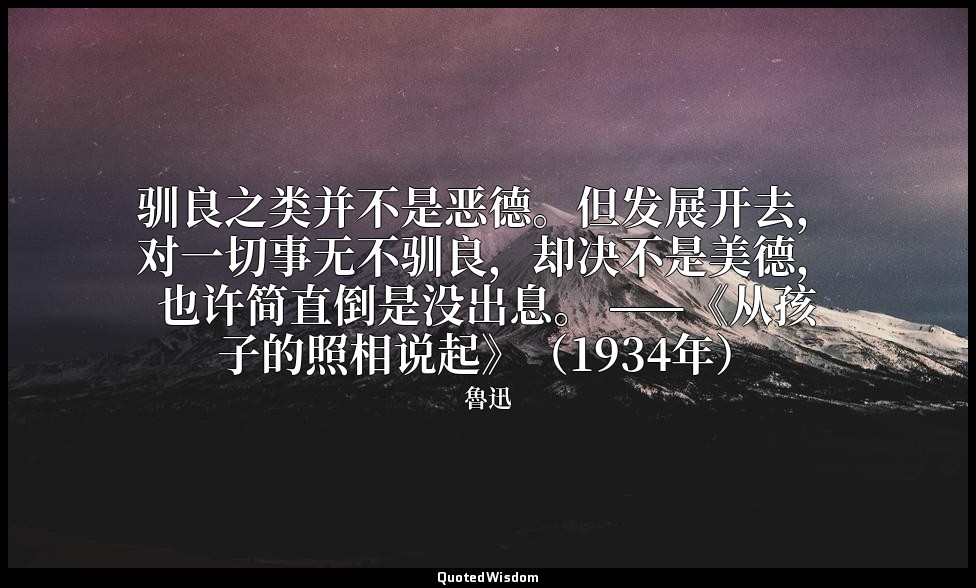 驯良之类并不是恶德。但发展开去，对一切事无不驯良，却决不是美德，也许简直倒是没出息。 ——《从孩子的照相说起》（1934年） — 魯迅