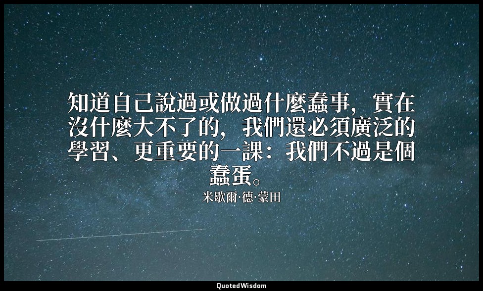 知道自己說過或做過什麼蠢事，實在沒什麼大不了的，我們還必須廣泛的學習、更重要的一課：我們不過是個蠢蛋。 — 米歇爾·德·蒙田
