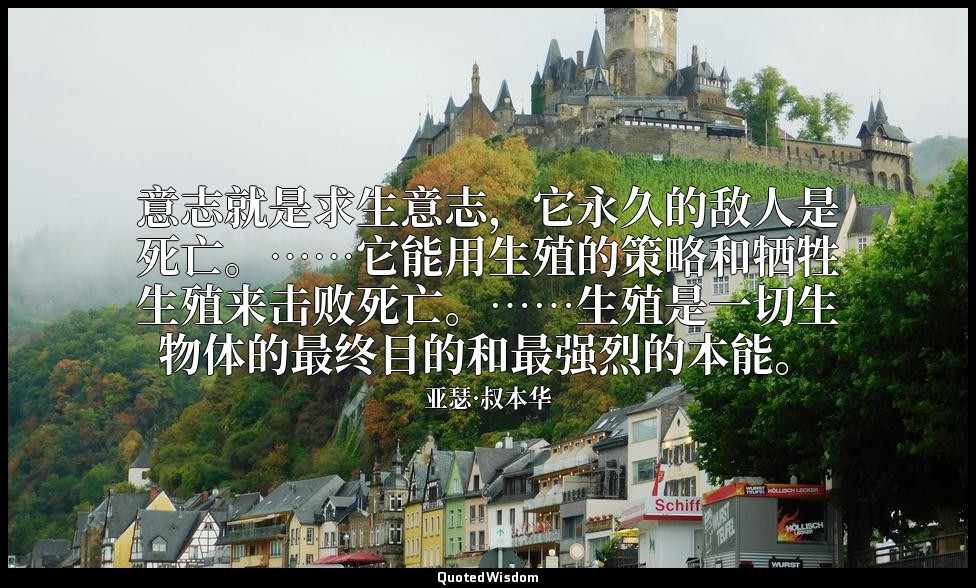 意志就是求生意志，它永久的敌人是死亡。……它能用生殖的策略和牺牲生殖来击败死亡。……生殖是一切生物体的最终目的和最强烈的本能。 — 亚瑟·叔本华