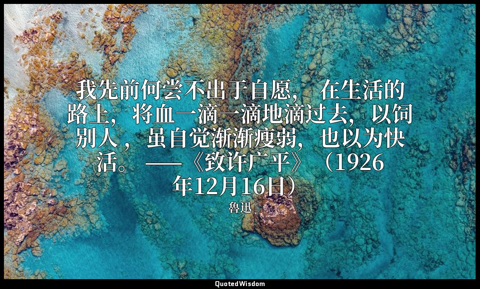 我先前何尝不出于自愿， 在生活的路上，将血一滴一滴地滴过去，以饲别人 ，虽自觉渐渐瘦弱，也以为快活。 ——《致许广平》（1926年12月16日） — 魯迅