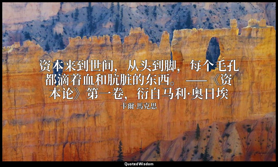 资本来到世间，从头到脚，每个毛孔都滴着血和肮脏的东西。 ——《资本论》第一卷，衍自马利·奥日埃 — 卡爾·馬克思