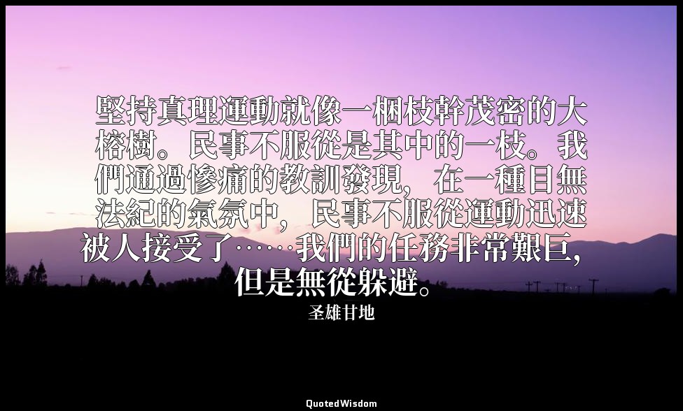 堅持真理運動就像一梱枝幹茂密的大榕樹。民事不服從是其中的一枝。我們通過慘痛的教訓發現，在一種目無法紀的氣氛中，民事不服從運動迅速被人接受了……我們的任務非常艱巨 — 圣雄甘地