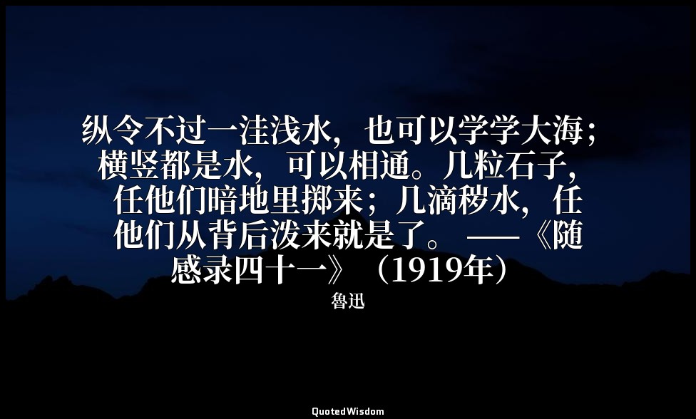 纵令不过一洼浅水，也可以学学大海；横竖都是水，可以相通。几粒石子，任他们暗地里掷来；几滴秽水，任他们从背后泼来就是了。 ——《随感录四十一》（1919年） — 魯迅