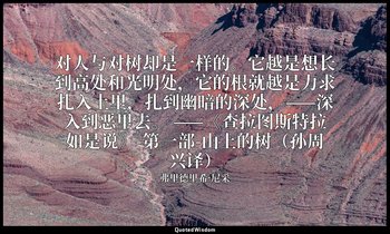 对人与对树却是一样的。它越是想长到高处和光明处，它的根就越是力求扎入土里，扎到幽暗的深处，——深入到恶里去。 ——《查拉图斯特拉如是说》-第一部-山上的树（孙周 — 弗里德里希·尼采