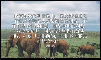 我發誓要做到非暴力，因為我知道只有它才有助於人類最高尚的利益，不僅僅是來世的利益，也是今世的利益。我反對暴力，因為當它顯得有好處時，好處只是眼前的，它犯下的罪惡 — 圣雄甘地
