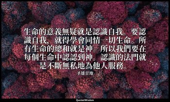 生命的意義無疑就是認識自我。要認識自我，就得學會同情一切生命。所有生命的總和就是神。所以我們要在每個生命中認認到神。認識的法門就是不斷無私地為他人服務。 — 圣雄甘地