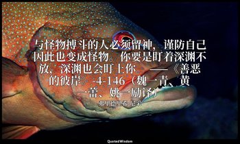 与怪物搏斗的人必须留神，谨防自己因此也变成怪物。你要是盯着深渊不放，深渊也会盯上你。 ——《善恶的彼岸》-4-146（魏一青、黄一蕾、姚一励译） — 弗里德里希·尼采