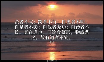 企者不立；跨者不行；自见者不明；自是者不彰；自伐者无功；自矜者不长。其在道也，曰馀食赘形，物或恶之，故有道者不处。 — 老子