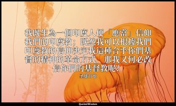 我既生為一個印度人便「應當」信仰我們的印度教；既然我可以根據我們印度教的信仰決定我這種合乎你們基督的精神的革命方式，那我又何必改信你們的基督教呢？ — 圣雄甘地