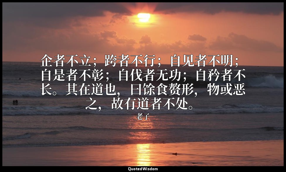 企者不立；跨者不行；自见者不明；自是者不彰；自伐者无功；自矜者不长。其在道也，曰馀食赘形，物或恶之，故有道者不处。 — 老子
