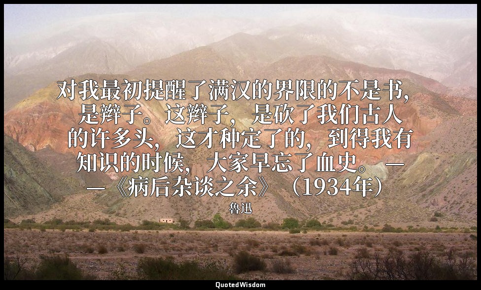 对我最初提醒了满汉的界限的不是书，是辫子。这辫子，是砍了我们古人的许多头，这才种定了的，到得我有知识的时候，大家早忘了血史。 ——《病后杂谈之余》（1934年） — 魯迅