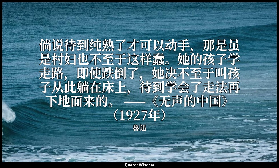 倘说待到纯熟了才可以动手，那是虽是村妇也不至于这样蠢。她的孩子学走路，即使跌倒了，她决不至于叫孩子从此躺在床上，待到学会了走法再下地面来的。 ——《无声的中国》 — 魯迅