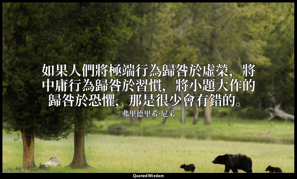 如果人們將極端行為歸咎於虛榮，將中庸行為歸咎於習慣，將小題大作的歸咎於恐懼，那是很少會有錯的。 — 弗里德里希·尼采