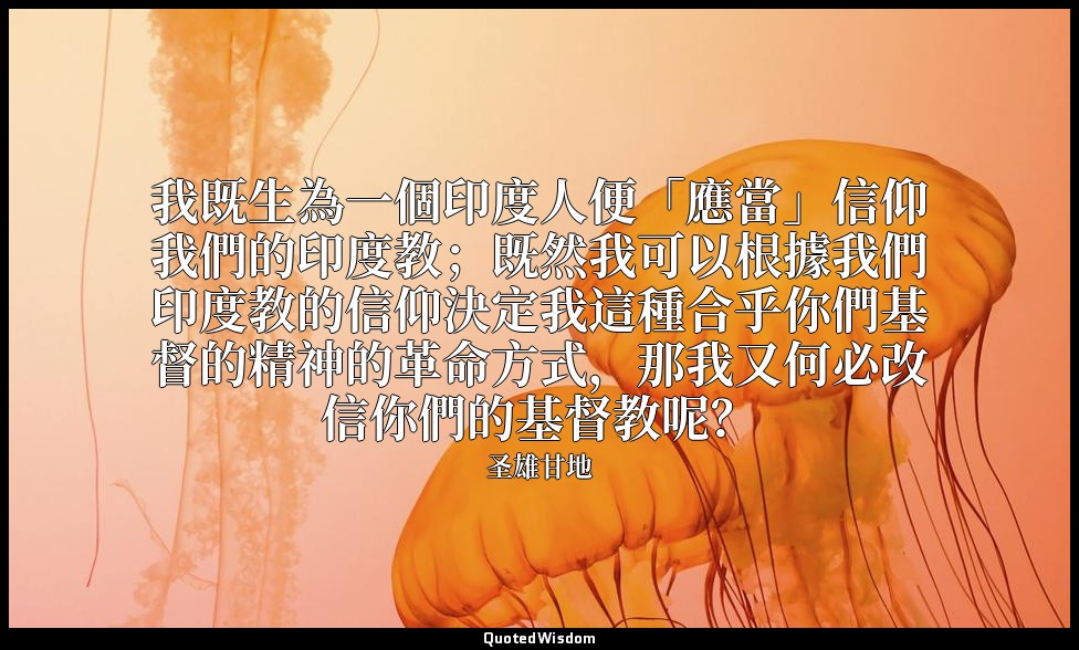 我既生為一個印度人便「應當」信仰我們的印度教；既然我可以根據我們印度教的信仰決定我這種合乎你們基督的精神的革命方式，那我又何必改信你們的基督教呢？ — 圣雄甘地