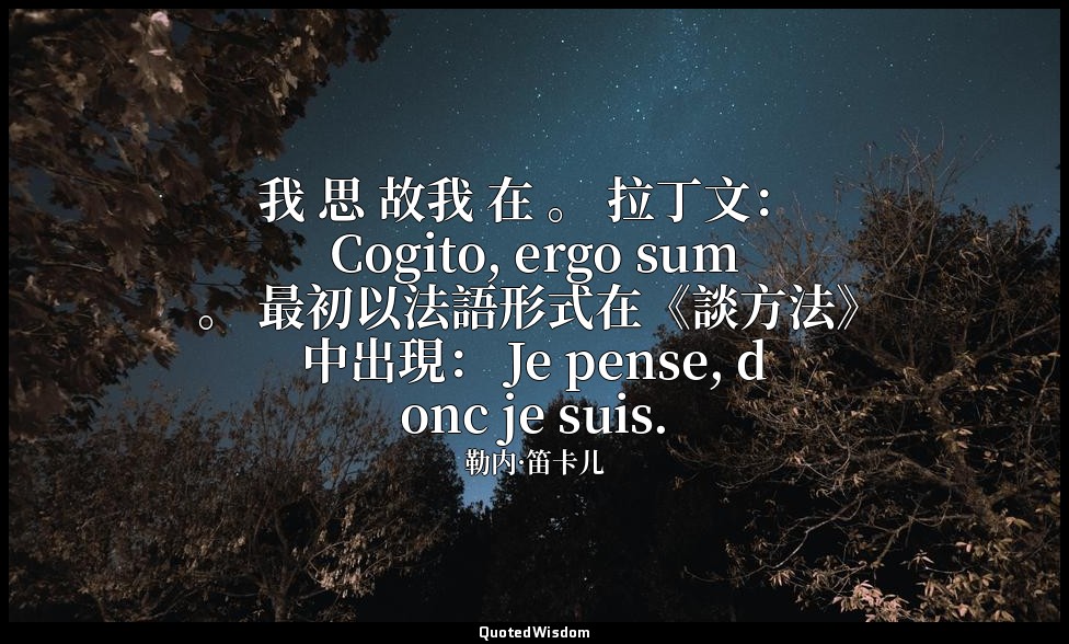 我 思 故我 在 。 拉丁文： Cogito, ergo sum 。 最初以法語形式在《談方法》中出現： Je pense, donc je suis. — 勒内·笛卡儿